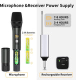 Wireless Microphone, Handheld UHF Dual Metal Cordless Dynamic Mic System with Rechargeable Receiver,200ft Range,for Karaoke, Speech, Party, Wedding, Church,Singing Machine-Auto Connect