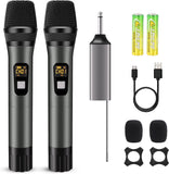 Wireless Microphone, Handheld UHF Dual Metal Cordless Dynamic Mic System with Rechargeable Receiver,200ft Range,for Karaoke, Speech, Party, Wedding, Church,Singing Machine-Auto Connect