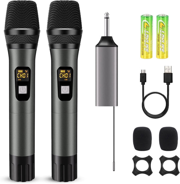 Wireless Microphone, Handheld UHF Dual Metal Cordless Dynamic Mic System with Rechargeable Receiver,200ft Range,for Karaoke, Speech, Party, Wedding, Church,Singing Machine-Auto Connect