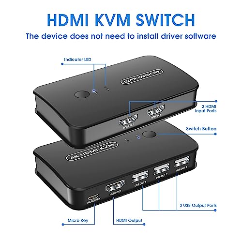 AV Access KVM Switch 2 Monitoren, 4K @60Hz, 2K @144Hz HDMI KVM USB 3.0 Switch 2 PC 2 Computer Dual Monitor, Ultrabreed scherm Keyboard Mouse Hotkey Switch, HDMI 2.0 HDCP 2.2 met 2 USB-kabels AV Access KVM Switch 2 Monitoren, 4K @60Hz, 2K @144Hz HDMI KVM USB 3.0 Switch 2 PC 2 Computer Dual Monitor, Ultrabreed scherm Keyboard Mouse Hotkey Switch, HDMI 2.0 HDCP 2.2 met 2 USB-kabels