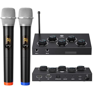 Portable Karaoke Microphone Mixer System Set, with Dual UHF Wireless Mic