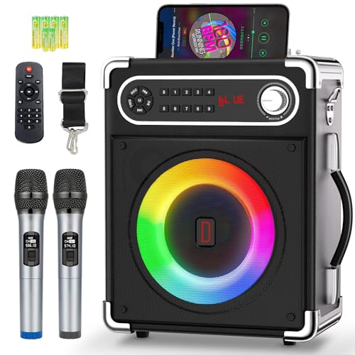 Karaoke Machine with two Wireless Microphones, Portable Bluetooth 5.1 Karaoke Speaker Bass/Treble Adjustment, PA System with Remote Control, Lights, Supports TF Card/USB, AUX IN, TWS, FM, REC Party
