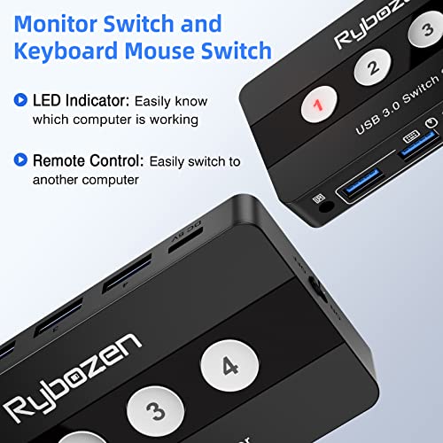Rybozen USB 3.0 Switch Selector, 4 Port KVM Switch USB Peripheral